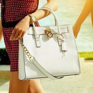 Michael Kors Hamilton White Metallic Silver Top Handle Tote MK Logo Lock & Key